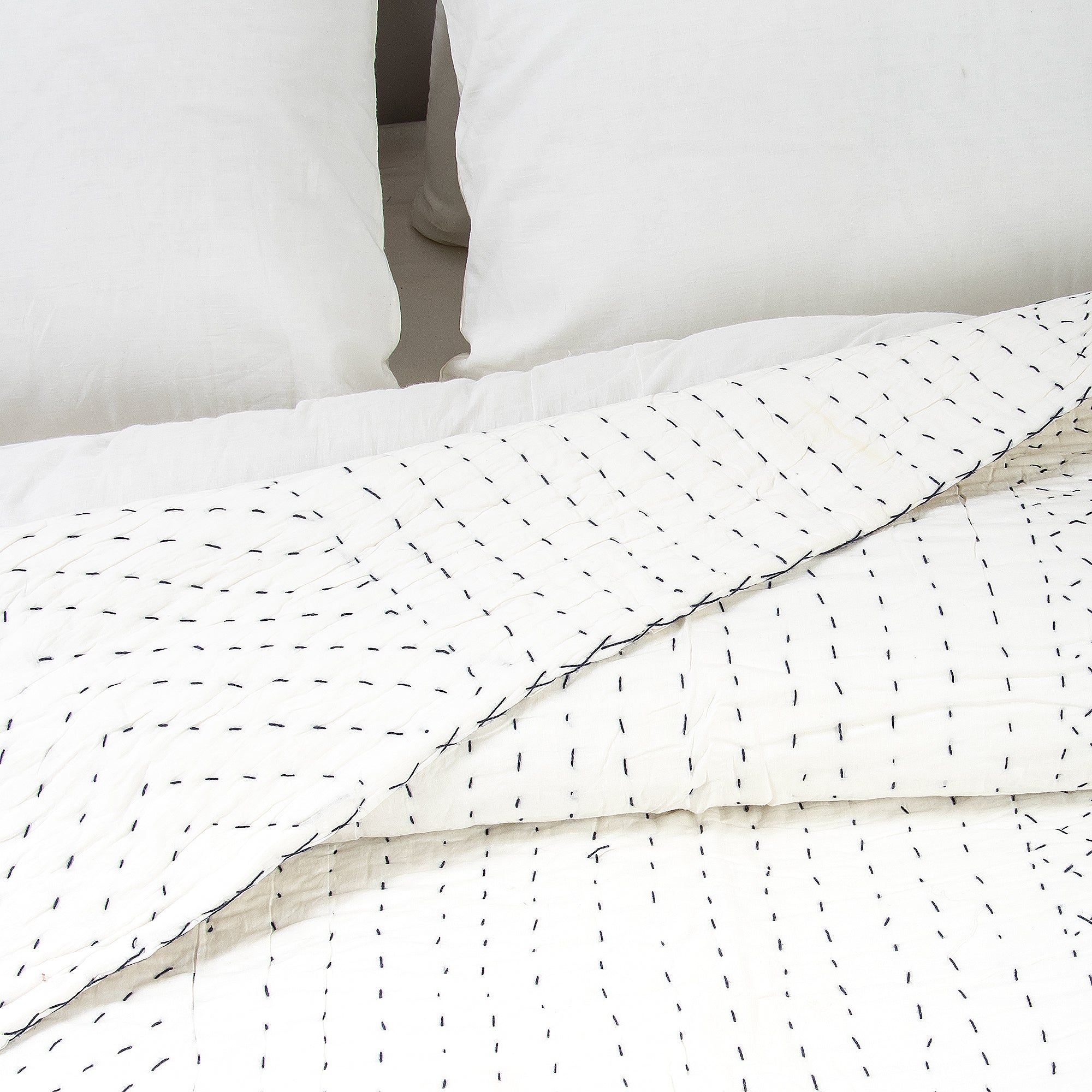 Handmade White Solid Cotton Kantha Quilt Double Bed & Single For Winter